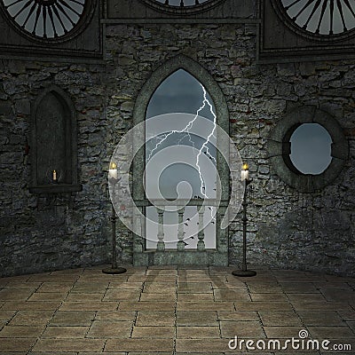 Castle hallway in a stormy night Cartoon Illustration